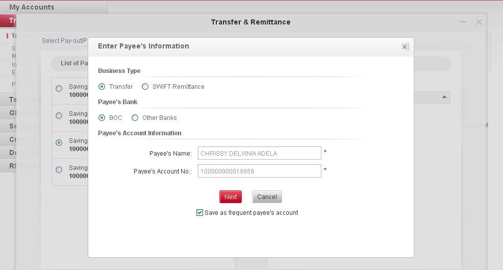 In the List of Pay-out Account select one of your accounts which you want to debit with the amount to be transferred.