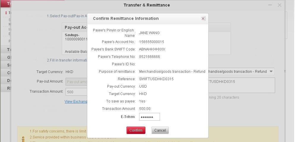 Complete respective fields of the payment/transfer information: Pay-out Amount or Transaction Amount: Choose one of these two options to enter the amount to be transferred with a comma used as a