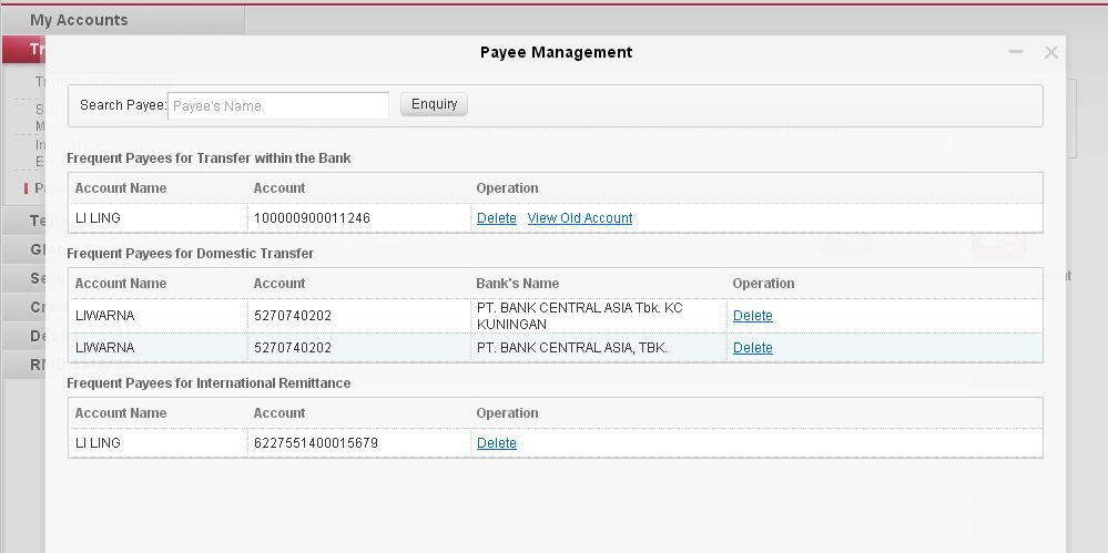 5.4 Payee management This function allows you to display the list of payees/beneficiaries previously saved as