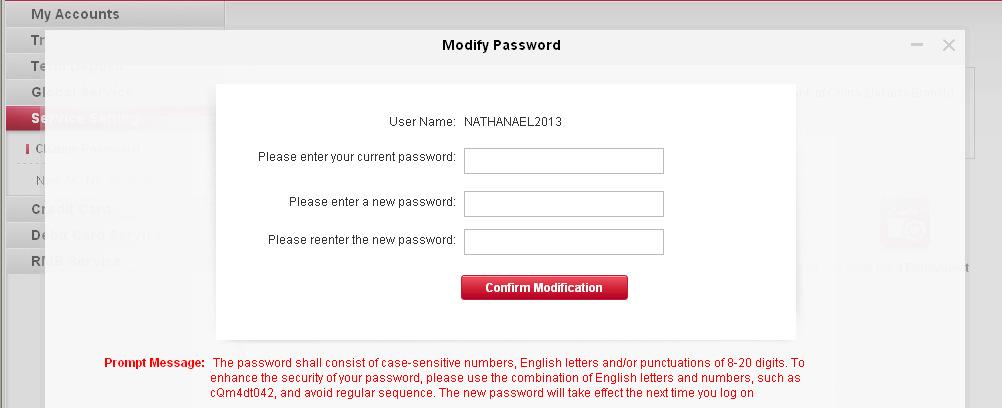 Operating Steps: In the left-hand menu, choose <Service Setting Modify Password>, enter into the