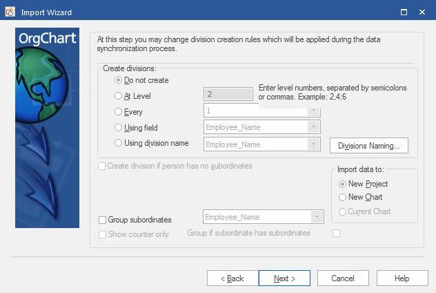 CHAPTER 2: CHART CREATION IMPORT WIZARD IMPORTING EXCEL SELECTING IMPORT DESTINATION This screen is used to set divisions and save your chart as a new document, a new chart or part of an already