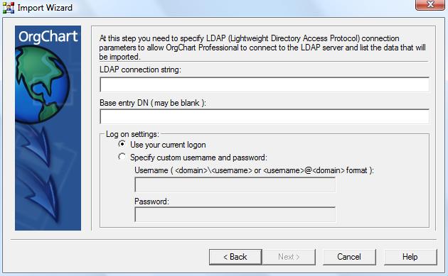 CHAPTER 2: CHART CREATION IMPORTING LDAP SPECIAL CONSIDERATIONS Many of the unique settings necessary for a successful LDAP import are entered on this connection parameters screen (see below).