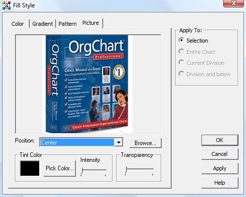 APPENDIX A: INTERFACES PICTURE In addition to gradients and patterns, OrgChart allows you to place pictures on a component.
