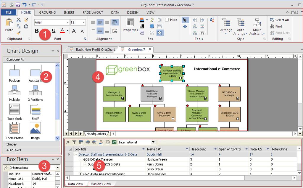 CHAPTER 1: ORGCHART BASICS INTERFACE OVERVIEW OrgChart s Interface 1. Chart Formatting The program is organized using Tabs that make it easy to complete a function or task. 2.