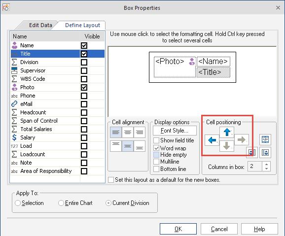 CHAPTER 2: CHART CREATION CHANGING THE ORDER OF DATA FIELDS To change the order of a component s data fields: 1. Select the component. Its data fields will appear in the Box Item menu. 2. Go to the Properties dialog and select the field you wish to move.
