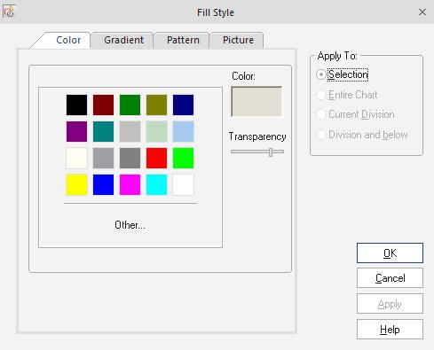 CHAPTER 2: CHART CREATION The following is a detailed look at the various shape modification menus and how to use them to customize your components and connectors: FILL STYLE MENU This menu is