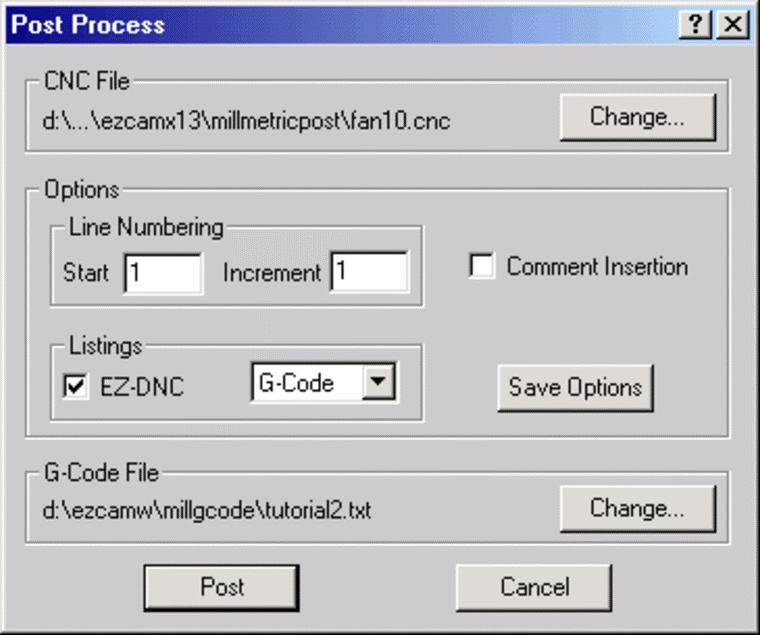 E-MILL EPRESS TUTORIAL 2 1. Select Post command in the Post menu. This will open the Post Process dialog. Picture 3-74 2. First a postprocessor has to be loaded.