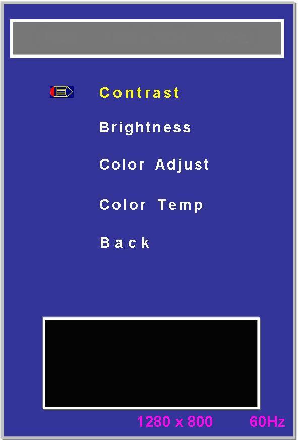 7.2. Sub-Menu: Color Contrast: Brightness: Color Adjust: Color Temp: Back: Adjust the contrast of the image Adjust