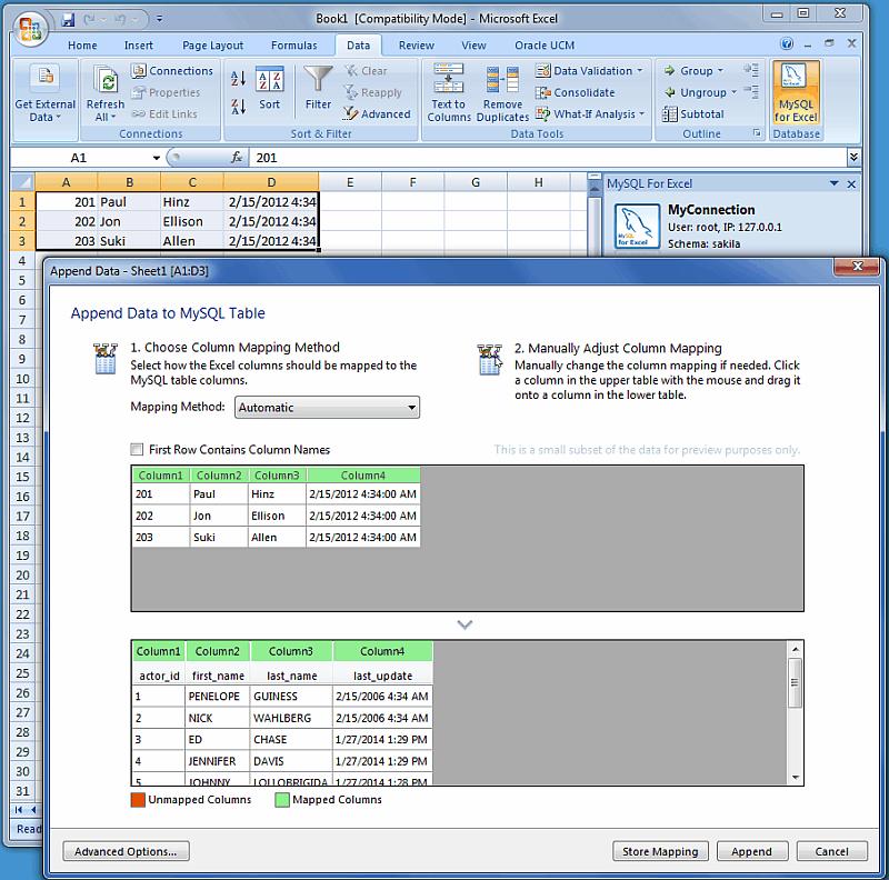General Mapping Information Figure 6.1 Appending Excel data to MySQL (Automatic mapping) General Mapping Information It is common to tweak the column mappings.