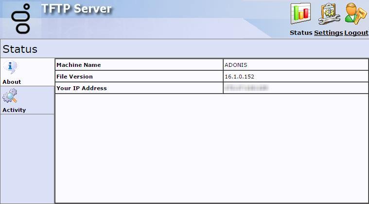 Result: The TFTP Server About configuration page appears. It contains basic TFTP server information.
