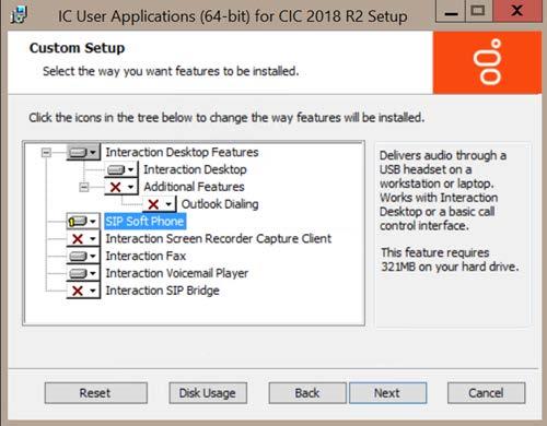 Select SIP Soft Phone in the Custom Setup screen Make sure that this feature is selected when CIC User Applications is installed on workstations that will use the SIP Soft Phone.