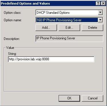 In the Predefined Options and Values screen, type the URL that the IP phones will use to contact the provisioning server (for a Switchover pair, use the provisioning DNS Host (A)