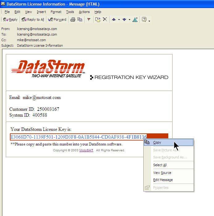 You must copy your new registration key to the DataStorm software to register it.