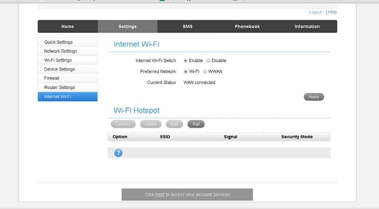 SETTINGS > INTERNET WI-FI Enable the Wi-Fi router to connect to another Hotspot to share that internet connection.
