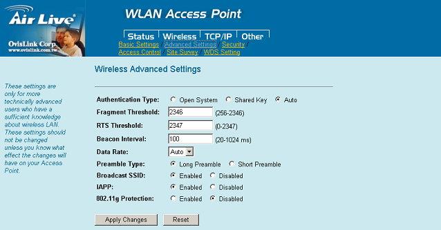 Advanced Settings It is not recommended that settings in this page to be changed unless advanced users want to change to meet their wireless environment for optimal performance Authentication Type To