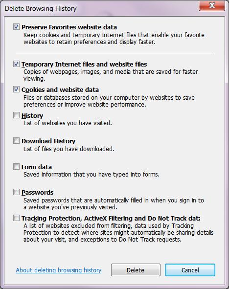 2. Check the following boxes: Preserve Favorites website data, Temporary
