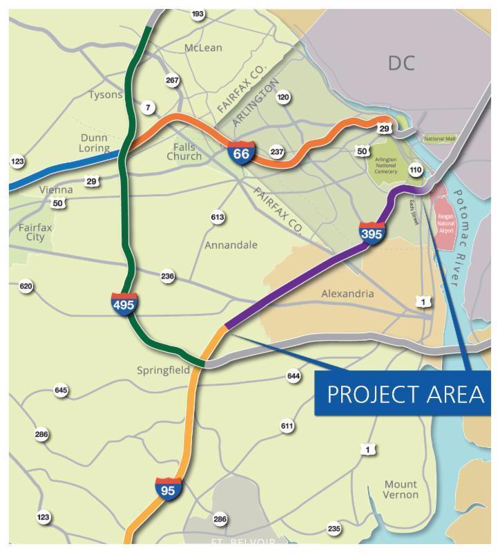 Expand and convert the two existing reversible High Occupancy Vehicle (HOV) lanes to three managed High Occupancy Toll (HOT) or Express Lanes for approximately eight miles from Edsall Road to the