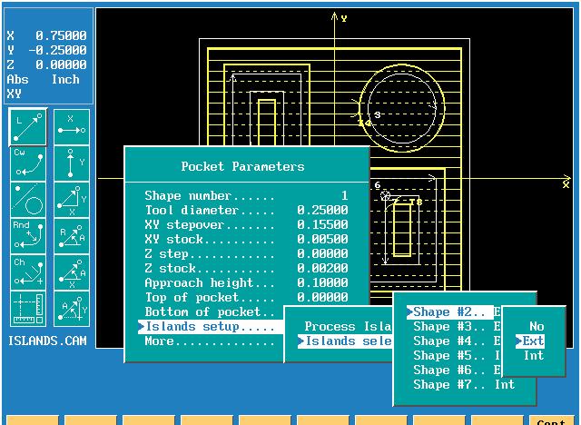 P/N 70000508G - CAM Programming Figure 18-17, CAM Illustration with Pocket Parameters Pop-up Menu After all islands are setup, press Calc.
