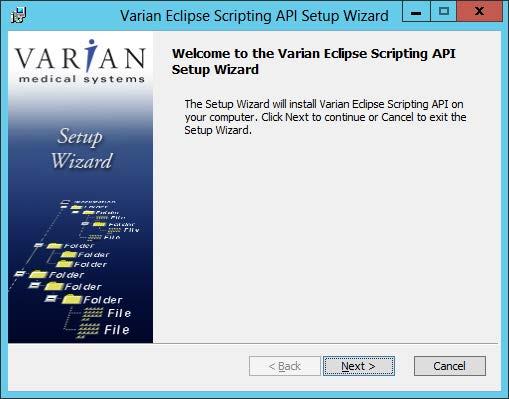 Figure 8 Eclipse Scripting API Setup Wizard A folder called Varian is added to the desktop and to the Windows Start menu.
