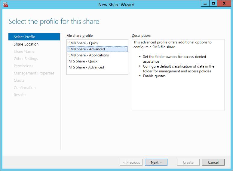 In Failover Cluster Manager, expand the cluster, click on Roles, right-click on the file server, and choose Add File Share. Figure 59: Context Menu 2. The New Share Wizard appears.