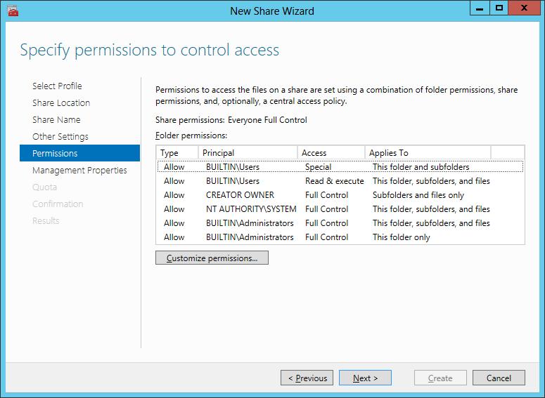 6. Specify share permissions for SMB-based access to the folder. Click Next.