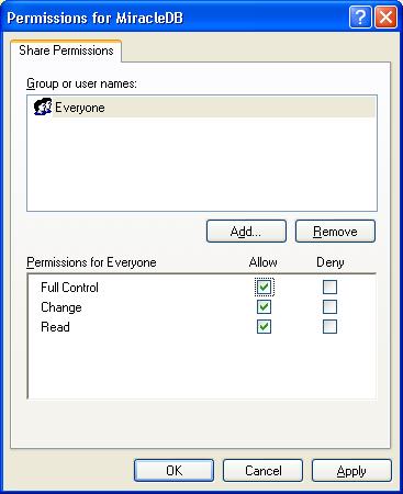 Next click the Permissions button. This will open the window used to define the level of permissions to be granted.