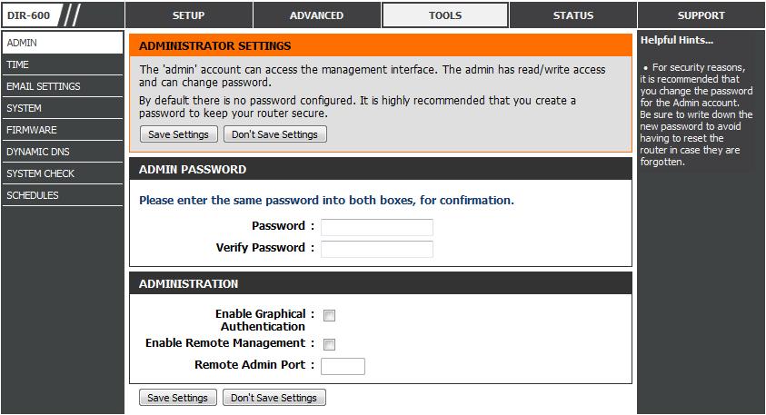 Tools Admin This page will allow you to change the Administrator password and conigure the authentication settings. This window also allows you to enable Remote Management, via the Internet.