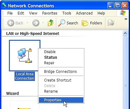 A list of network adapters appears as shown in Figure 25. A Local Area Connection icon must appear under the LAN or High-Speed Internet heading. If it does not, the network is not installed correctly.