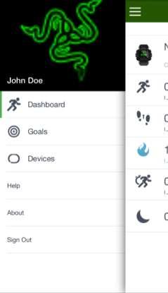 DRAWER MENU The drawer menu offers a wide variety of information regarding you, your Razer Nabu Watch, and the App.
