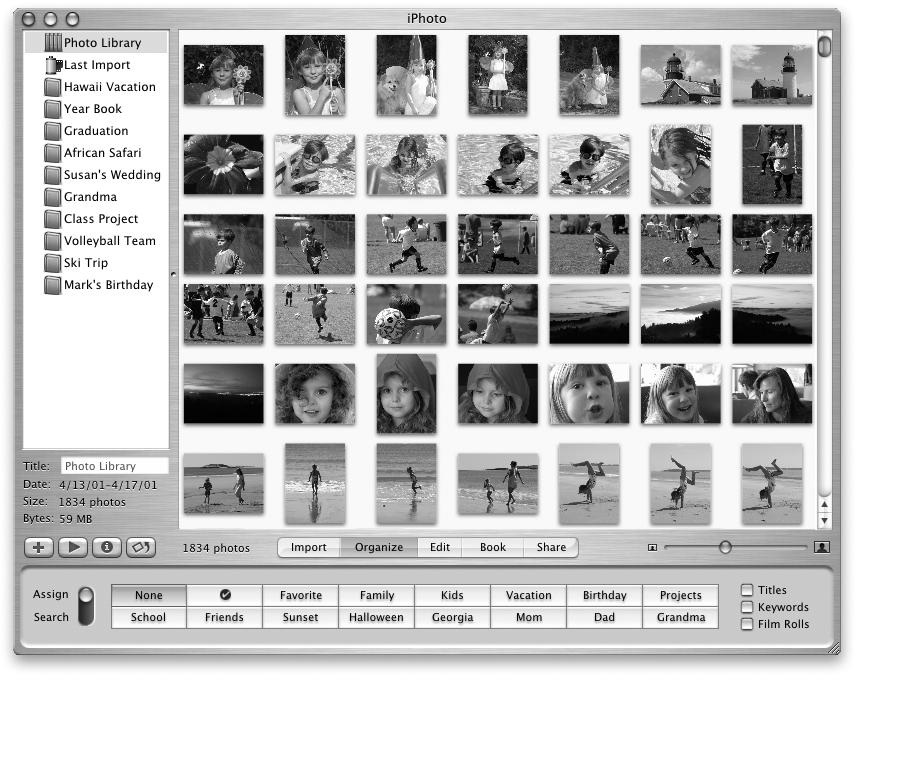 iphoto Import, Organize, Share, and Edit Your Digital Pictures Slide show Watch your photographs in a full screen slideshow with your favorite music.