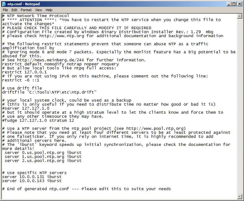 If you clicked Yes in the previous window, the installation wizard opens the NTP configuration file in Notepad (or your default text editor) and it can be reviewed and edited if desired.