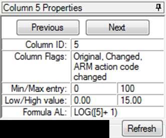 Assessment Data "Column Properties" Column navigation Column description Min, Max, Range