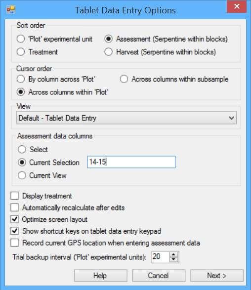 Tablet Data Entry Options Set plot order Enter 1 or more data columns Visible
