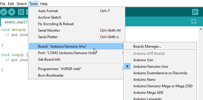 Arduino IDE Before we start programming, open Arduino Select the type of microcontroller: Tools >> Board Select Arduino Uno Select