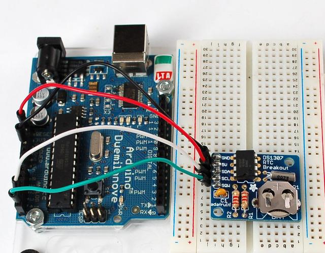 Fun Plug-in Hack for Arduino UNO If you set analog pin A3 to an OUTPUT and HIGH and A2 to an OUTPUT and LOW you can power the RTC directly from the pins! Connect Arduino UNO A4 to SDA.