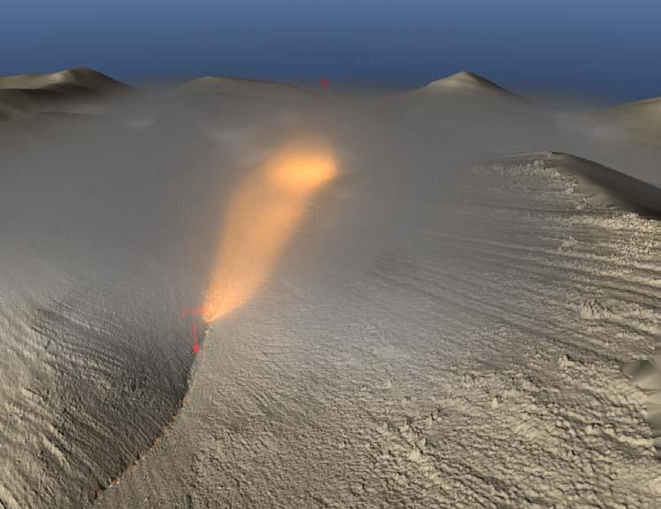 FIG 10: Forensic 3D reconstruction showing the rapid combustion of flamable gas mixtures originated in a fire front on remote locations and accumulated in a canyon by a strong wind (from a high
