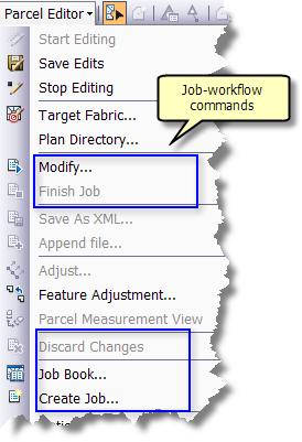 Job workflow commands The selected parcels are opened in a job and are available