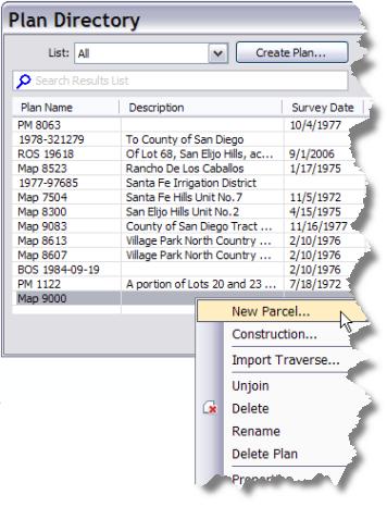 8. Click Parcel Editor > Plan Directory to open the Plan Directory dialog box. 9. Right-click the plan you created in the exercise above (Map 9000) and click New Parcel. Create a new parcel in a plan.