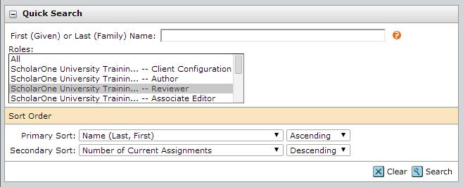 Clarivate Analytics ScholarOne Manuscripts Editor User Guide Page 24 Quick Search Search on first or last name, multiple
