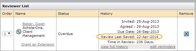 Clarivate Analytics ScholarOne Manuscripts Editor User Guide Page 35 Date Review Last Saved The date a Reviewer last saved their review will be displayed in the Reviewer List History until the review