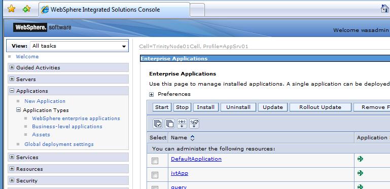 5. Expand the Applications group in the Navigation tree, expand Application Types and click on the link for WebSphere enterprise applications. 6.