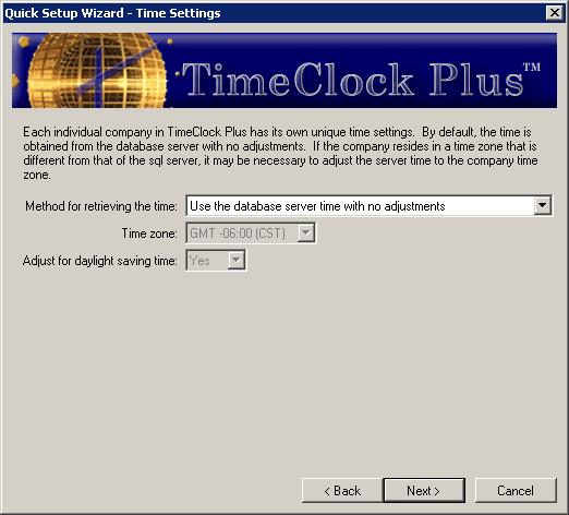 2.1.5. Time Settings This screen allows you to configure where the TimeClock Plus receives date and time information.