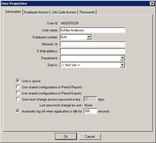 In TimeClock Manager, go to Configuration > User list. 2. Click Add. 3. Enter a User Id. This login will provide access to various parts of the system. 4. Enter a User Name.