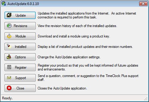 SECTION XV: AUTO UPDATE The AutoUpdate application is used to periodically update your TimeClock Plus applications. The updates are made available to all valid licenses of TimeClock Plus 6.