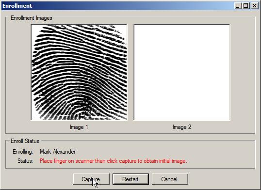 Place the employee s finger back on to the scanner. This is required for a second capture. 11. When there is a clear and distinct fingerprint for Image 2, click Capture. 1.6.4.