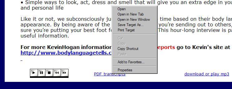 In this example, we are using Internet Explorer as our browser, so the selection we will click on in the drop down box is Save Target As.