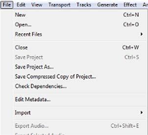 Import a file If you do not have a project open in Audacity, following the import steps will cause a new one to start up.