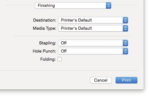 .PRINTING FROM MAC OS APPLICATIONS Setting the Paper Type Sets the media type. Select [Print] from the [File] menu of the application. Set the paper type in [Media Type] from the [Finishing] menu.
