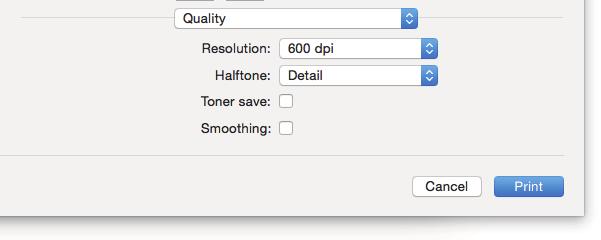 .PRINTING FROM MAC OS APPLICATIONS For multifunctional digital system (Black and White MFP) Select [Print] from the [File] menu of the application. Set the [Halftone] setting from the [Quality] menu.