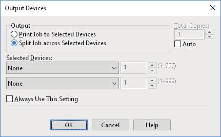 shorter time. Display the [Others] tab menu. Click [Output Devices]. Select [Split Job across Selected Devices].